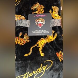 Ed Hardy Black and Yellow Tiger Throw Blanket Y2K